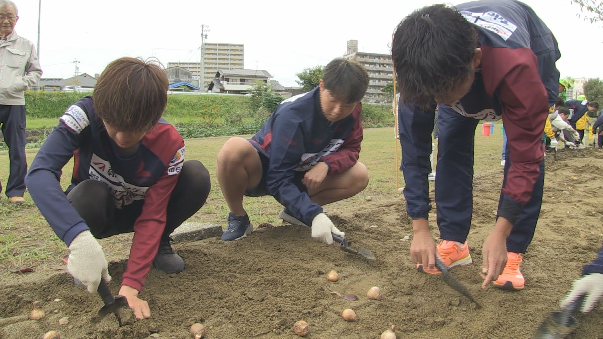 女子サッカーチーム「朝日インテック・ラブリッジ名古屋」の選手らが河川敷にスイセンの球根 約1300個植える
